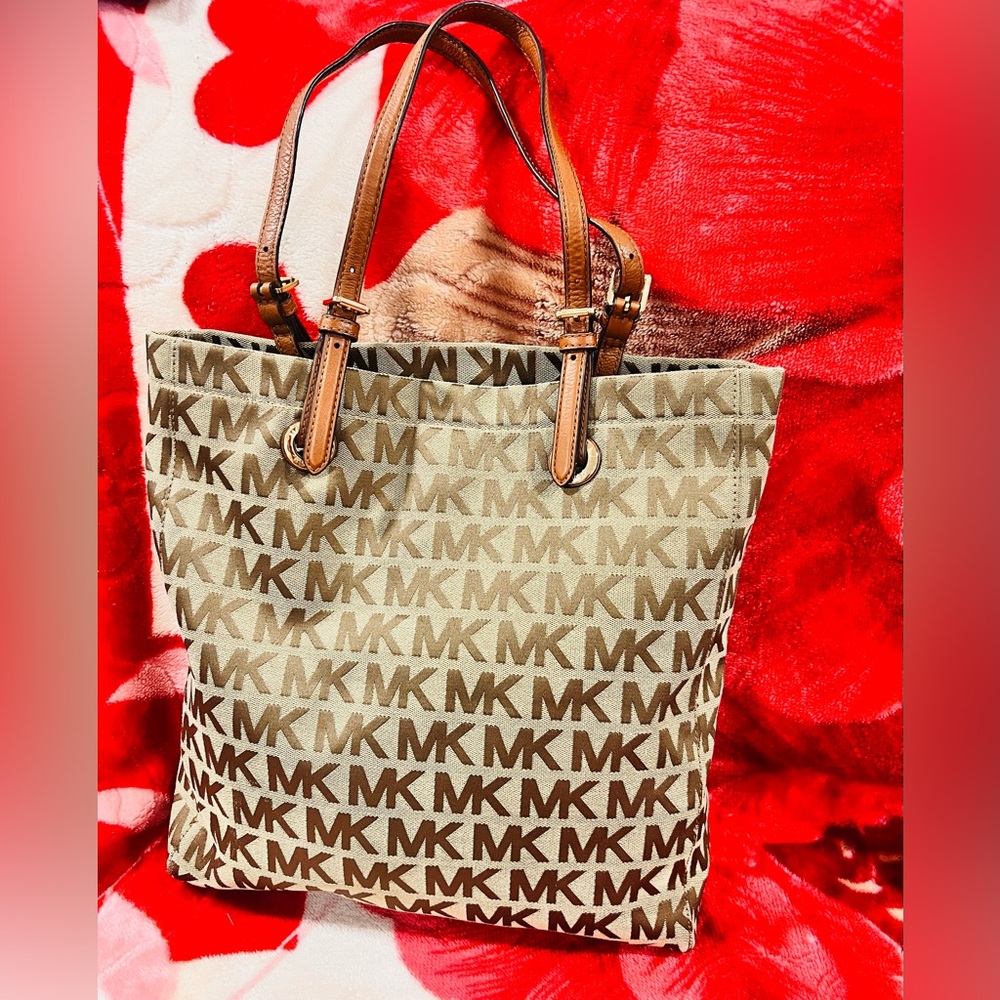 Michael Kors Brown & Beige MK Signature Tote with Leather Straps